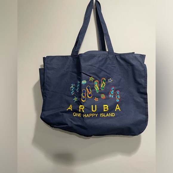 Aruba Handbags - {ARUBA} 🇦🇼 One Happy Island tote bag zipper top blue  flip flops beach bag